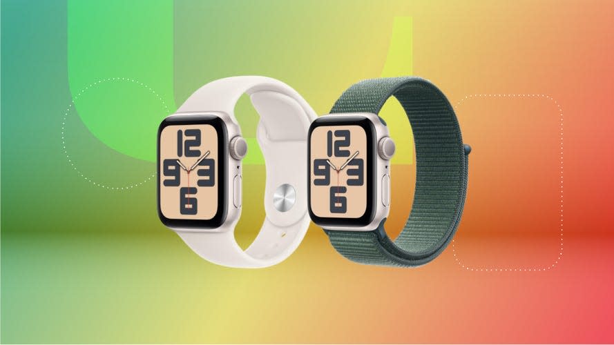 Two Apple Watch SE smartwatches displayed against a gradient green, yellow, orange and pink background
