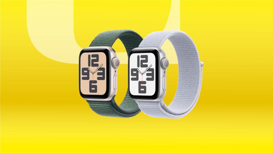 Two Apple Watch SE smartwatches displayed against a yellow background
