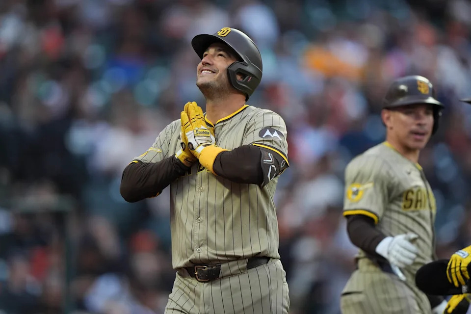 SAN FRANCISCO, CA - AUGUST 12: Jose Iglesias #7 of the San Diego Padres celebrates after hitting a home run during the game between the San Diego Padres and the San Francisco Giants at Oracle Park on Tuesday, August 12, 2025 in San Francisco, California. (Photo by Kavin Mistry/MLB Photos via Getty Images)