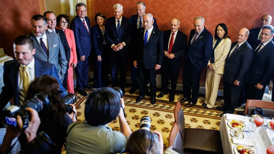Prime Minister of Israel Benjamin Netanyahu, center, meets with a bipartisan group of lawmakers including Sen. Cory Booker, right, on July 9, 2025, in Washington. - Samuel Corum/Sipa USA