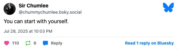 Social media post by user Sir Chumlee saying, "You can start with yourself," with engagement metrics shown