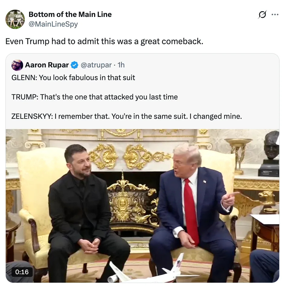Image of a tweet showing Zelenskyy and Trump conversing humorously on suit exchanges. Tweet highlights a comical interaction