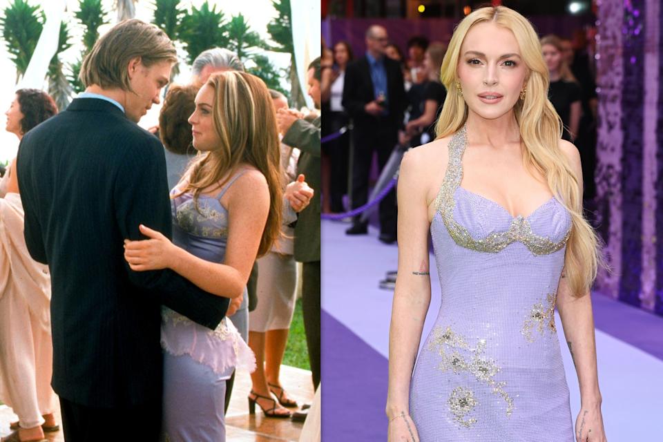 Chad Michael Murray y Lindsay Lohan en Freaky Friday (2003), izquierda, y Lindsay Lohan promocionando Freakier Friday (2025) en la premiere en el Reino Unido. (Ilustración: Yahoo Noticias; fotos: Walt Disney/Everett Collection y Alan Chapman/Dave Benett/WireImage vía Getty Images)