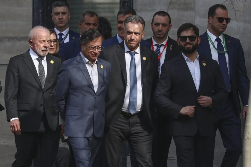 SANTIAGO, CHILE - JULY 21: Presidents Yasmandu Orsi of Uruguay (2nd R), Lula da Silva of Brazil (L), Gabriel Boric (R), and Gustavo Petro of Colombia (2nd R) attend the &#39;Democracy Always&#39; summit at the Palacio de la Moneda in Santiago, Chile on July 21, 2025. (Photo by Lucas Aguayo Araos/Anadolu via Getty Images)