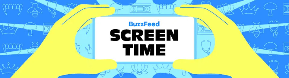 Illustrated hands hold a phone displaying "BuzzFeed Screen Time" against a background with icons like crowns and gifts
