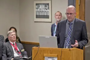  Shane Leverenz testifies at a bill hearing in the North Dakota Capitol in 2023. (Jeremy Turley/Forum News Service)