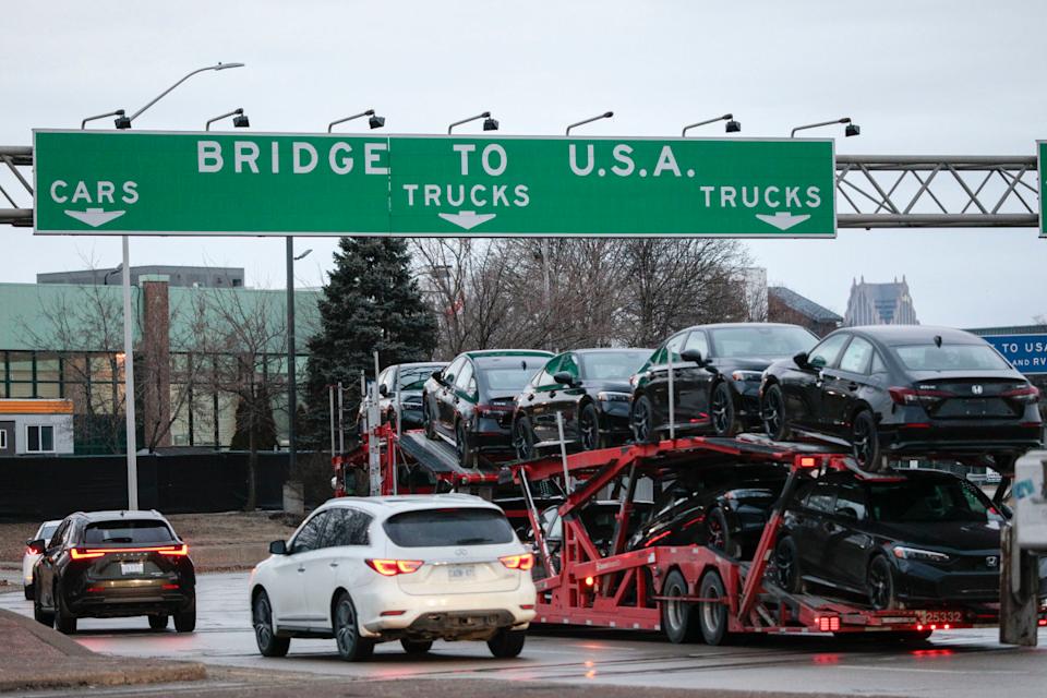 A car hauler crossing the Ambassador Bridge between Windsor, Canada and Detroit, MichiganGetty
