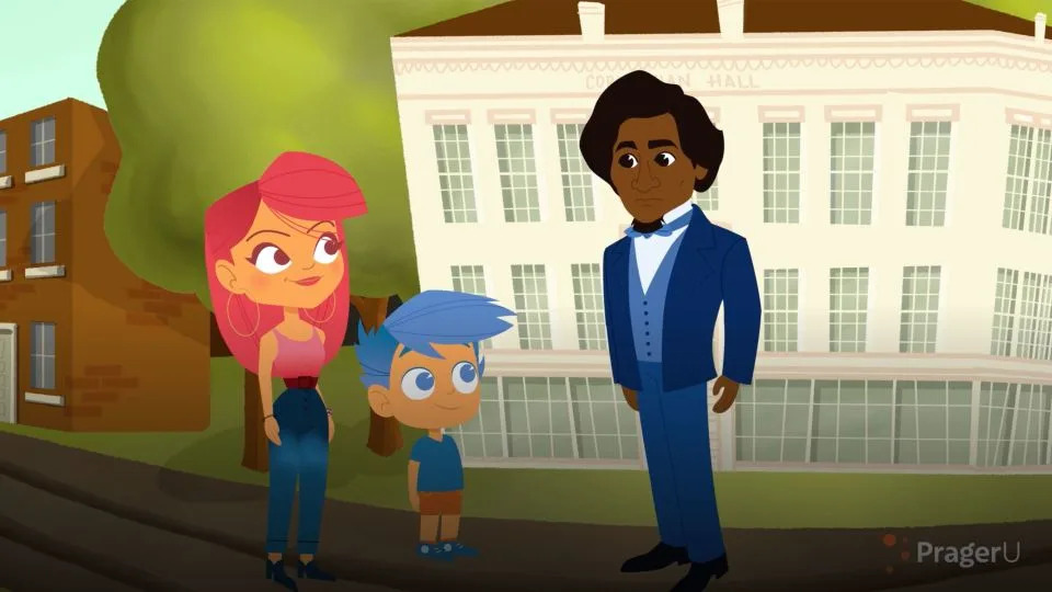 This screengrab taken from a PragerU video shows two characters interacting with abolitionist Frederick Douglass. - PragerU