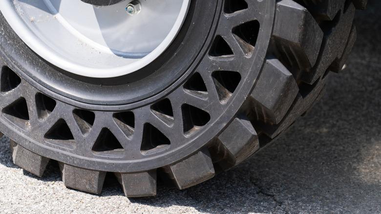 A closeup view of an airless tire