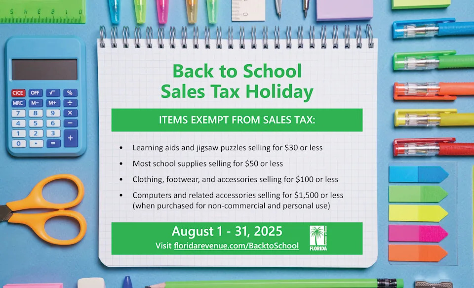 Florida's back-to-school sales tax holiday runs from Aug. 1 to 31, 2025.