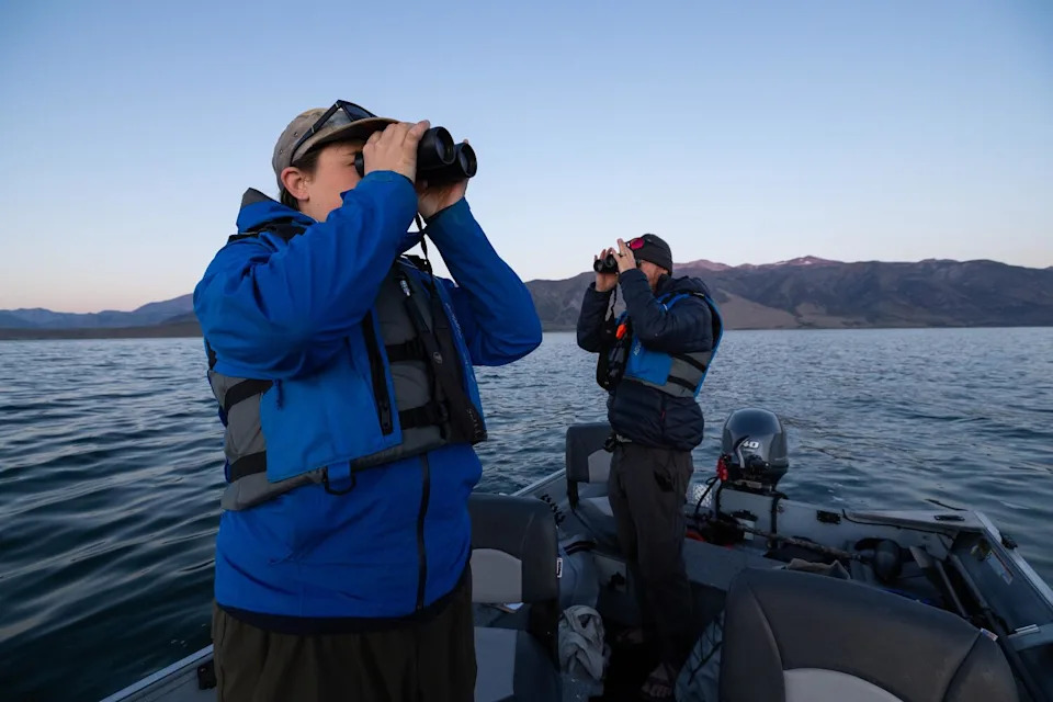 Two people standing in a boat, looking through binoculars, on a lake