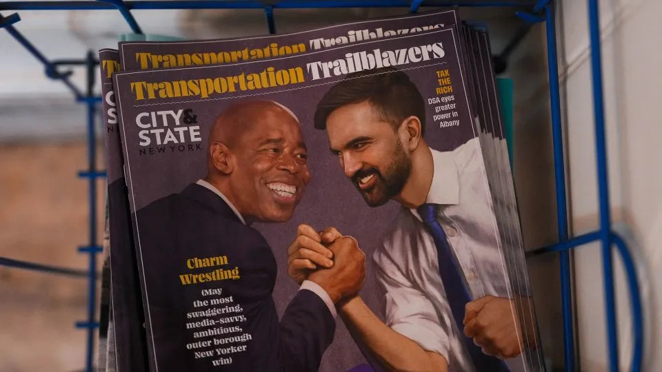 A copy of City & State New York shows a mocked up image of New York City Mayor Eric Adams and candidate Zohran Mamdani on July 14. - Adam Gray/Reuters