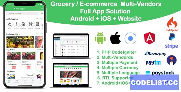 grocery / delivery services / ecommerce multi vendors(Android + iOS + Website) ionic 5 / CodeIgniter v7.0