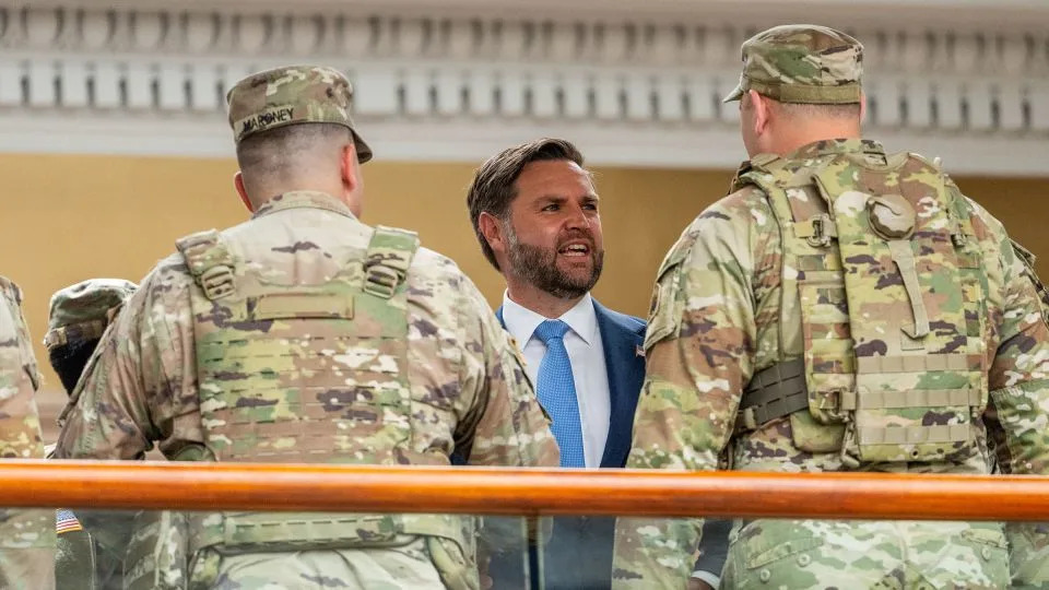 Vice President JD Vance greets members of the National Guard at the Shake Shack in Union Station on Wednesday. - Eric Lee for CNN