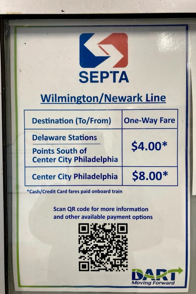 SEPTA fare signage at the Claymont Station on April 14, 2025.